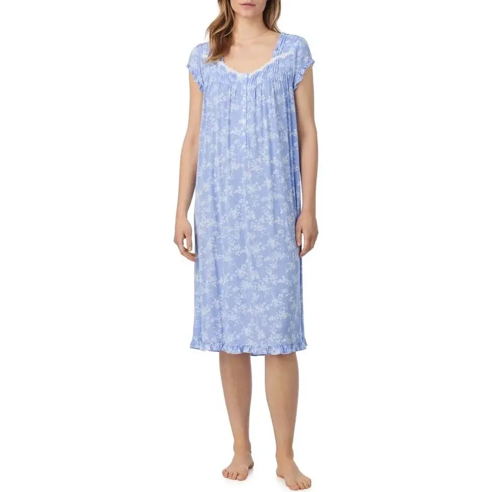 Eileen West Floral Waltz Nightgown Blue White 2X Pajama Sleep Dress Modal Blend